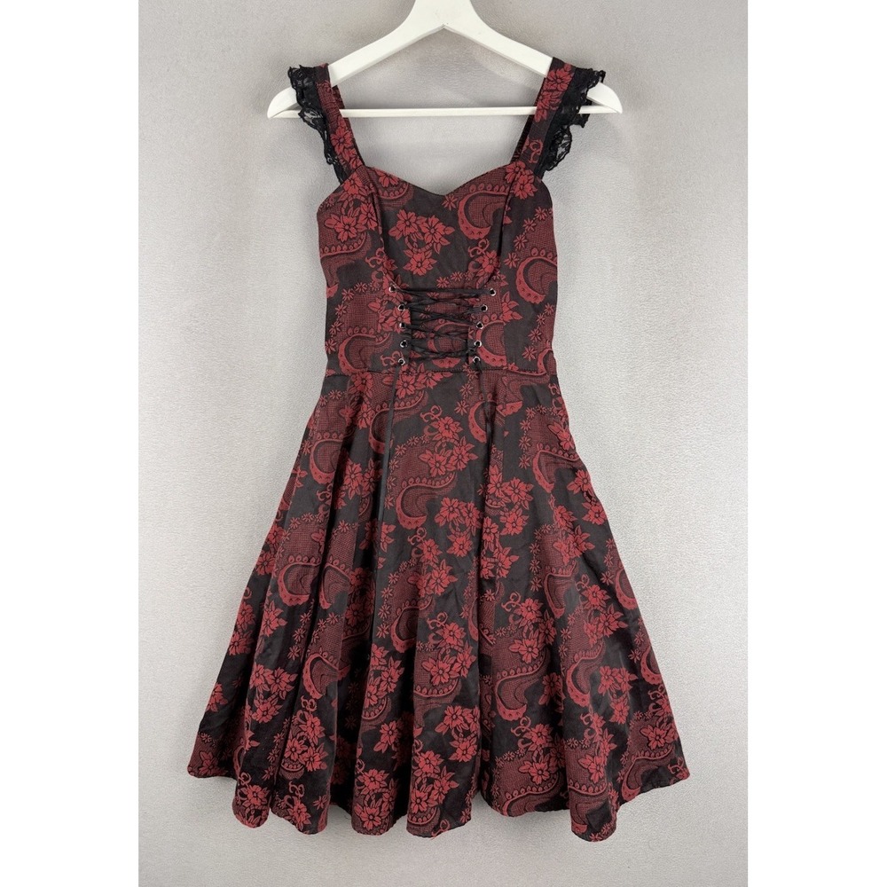 Hearts & Roses Women's Sz 8 Red Black Brocade‎ Sleeveless Lace Up Corset Dress